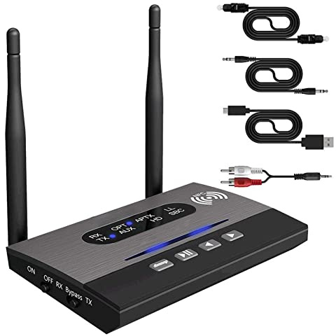 Prolig Adaptateur Bluetooth 5.0 Transmetteur pour TV PC aptX Low Latency Adaptateur audio sans fil rechargeable Prise en charge NFC pour 2 casques (Optical, AUX, RCA, USB) Portée de 260 pieds