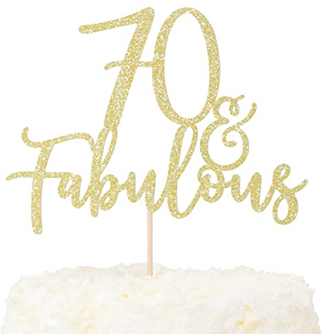 LOVENJOY 70 and Fabulous Birthday Cake Topper 70 Cake Decoration Gold Glittery for Happy 70th Birthday Party Decorating