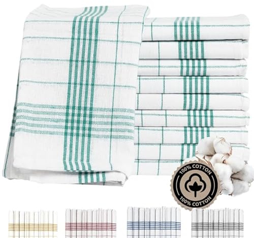 Zestri 10er-Set Geschirrtücher 50x70 cm | Grün Weiß kariert | 100% Baumwolle 60g/Stück | Geschirrhandtücher für Küche, Restaurant & Gastronomie | Küchentücher Trockentücher