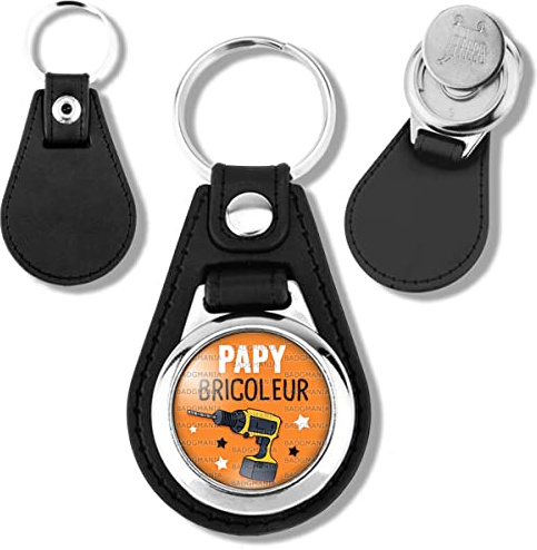 Badgmania Porte Clés Cuir Vegan Jeton de Caddie Papy Bricoleur - Perceuse - Humour Idée Cadeau Homme Grands Parents Anniversaire Fête