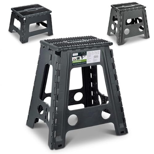 Rainberg Folding Step Stool 18 Inch, Heavy Duty Folding Stool, 350 lbs Capacity with Carrying Handle, Portable, Anti Slip Surface for Kids & Adults, Kitchen, Bathroom, Camping (Black)