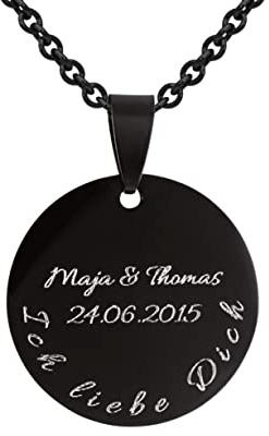 Hanessa Personalisierte Kette mit Gravur Edelstahl 56-61 cm mit Anhänger rund in schwarz - Personalisierte Halskette für Männer und Frauen - Personalisierter Schmuck Damen Herren