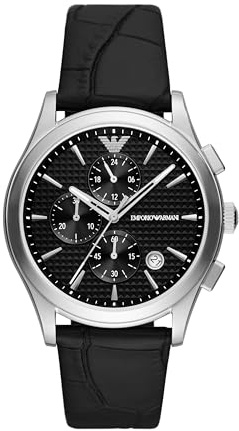 Emporio Armani Herrenuhr , Chronographenwerk, 42MM Silberfarbenes Recyceltes Edelstahlgehäuse (Mindestens 50%) mit Lederarmband, AR11530