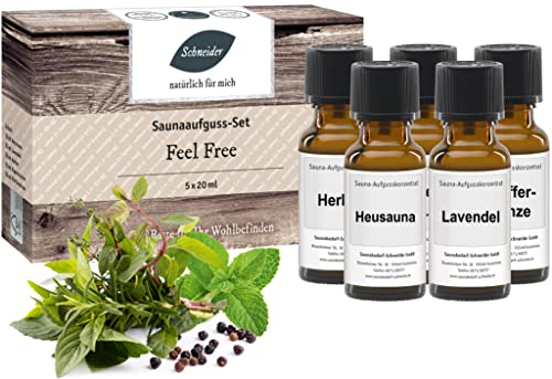 Saunabedarf Schneider - Aufgussset Feel Free 5 x 20 ml Inhalt - blumig-erdiger Saunaaufguss - wohltuender Mix