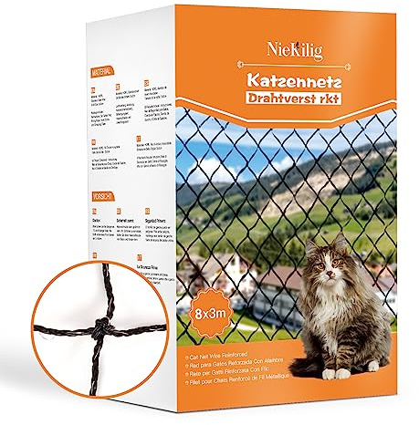 NieKilig Trådförstärkt Kattnät för Balkonger, 8x3m Balkongnät för Katter, Fönsterkatt utan Borrning för Balkonger, Uteplatser, Fönster, Takfönster, Dörrar, Staket