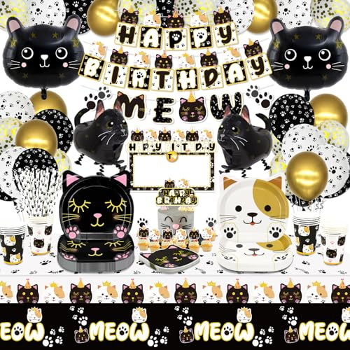 XJLANTTE 166 pièces décorations de fête d'anniversaire chat noir et blanc – ballons chat, bannière d'anniversaire, guirlandes MEOW, décoration de gâteau, assiettes, serviettes, tasses et nappe, L