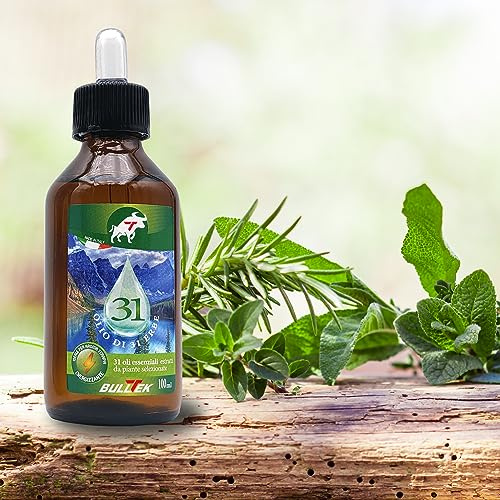 BullTek - Olio Di 31 Erbe | Miscela Oli Essenziali Senza Alcool | Tonificante e Rilassante per Aromaterapia e Massaggi | Vegano e Organico | Uso Domestico, 100ml