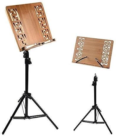 WORDFUN 2 In 1 Dual-Use Notenständer, Tischbuchständer, Notenablage Aus Bambus, Notenhalter Mit Federbuchklammer, Orchesternotenpult, Höhen/Winkel Verstellbar, Bambus Holz Buchständer