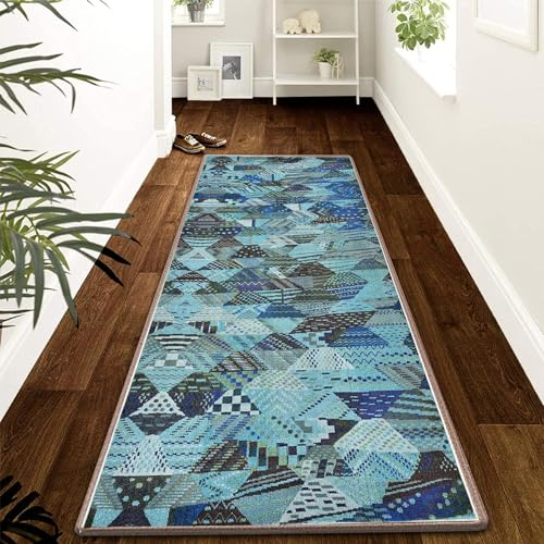 YANHONG Handwebteppich Läufer Teppich 50 x 150 cm Polyester Waschbar und Dauerhaft, Gummirücken Küchenmatte mit rutschfestem Gelrücken für Drinnen und Draußen, Blau