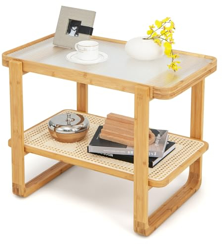 LIFEZEAL Couchtisch aus Bambus, Beistelltisch mit Glastischplatte & 2 Ebenen Ablage, Rechteckiger Sofatisch für Wohnzimmer, Büro, Balkon, 70,5 x 44,5 x 54,5 cm, Natur
