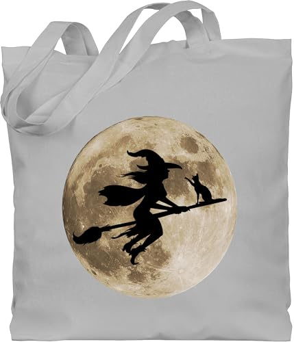 Shirtracer Baumwolltasche - Taschen - Hexe Halloween Hexen auf Besen Vollmond Katze Witch Mond - Unisize - Hellgrau - tasche haloween outfits fliegende erwachsene sammeltasche halowen bild beutel