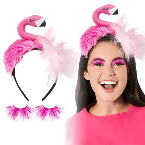 BETESSIN Flamingo Kostüm Damen Flamingo Haarreif mit Künstliche Wimpern Rosa Fasching Karneval Feder Wimpern Flamingos Party Cosplay Feder Stirnband Faschingskostüm Accessoire