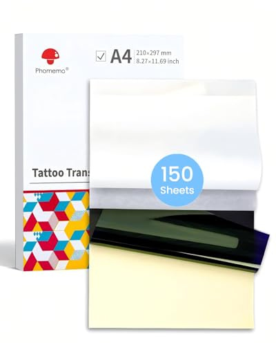 Phomemo Papel Transfer Tattoo, Tatuaje Temporal A4, Papel Hectografico Tattoo Compatible ConM08F TP81 TP83 TP88 A886 A887 Impresora Tatuajes, 150 hojas