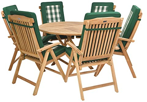 Rattanland® Gartenmöbel Set Holz, Klappbar Gartentisch mit 6 Stühlen (FSC® - zertifiziertes Teakholz) mit Kissen - Möbelsets, Ausziehbar Gartentisch Rund, Möbel für Garten, Garden Furniture Sets