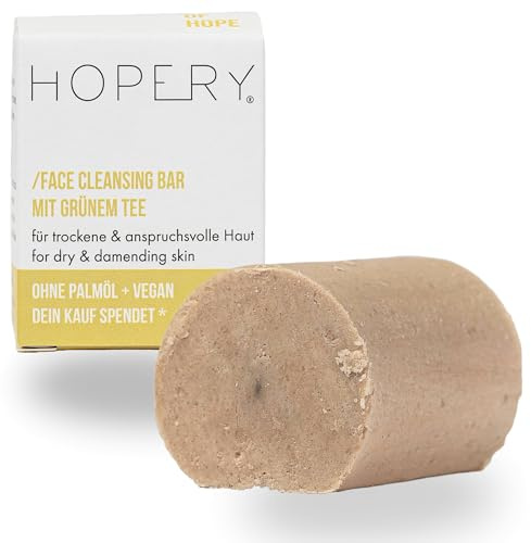 HOPERY Face Cleansing Bar mit Grünem Tee 65 g | Für trockene Haut | Festes Waschgel ohne Plastikverpackung | Spendet direkt 20 Cent für bedrohte Orang-Utans| aus extra mildem Kokostensid