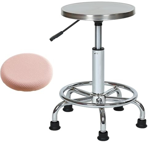Rollhocker aus Edelstahl mit kostenlosem Sitzkissen und Rädern, robuster Zeichendrehhocker mit Hebefunktion für Bar, Labor, Büro, Friseur, Küche und Geschäft (B)