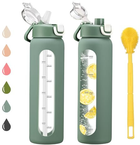 chunmo 32 oz Glass Water Bottles with 2 Lids-Handle Spout Lid & Straw Lid, 1 Liter Motivational Borosilicate Water Bottle with Time Marker and Silicone Sleeve,Leakproof-Olive-1 Pack