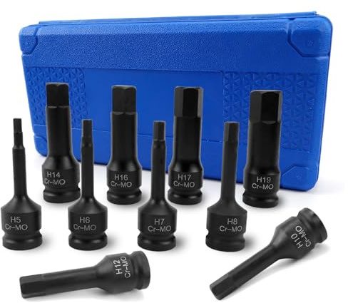 Raxfekro Set di 10 cacciaviti a percussione da 1/2 pollici, esagonali esagonali, set H5 – h19 per chiavi dinamometriche, set di punte, chiavi a cricchetto, ecc