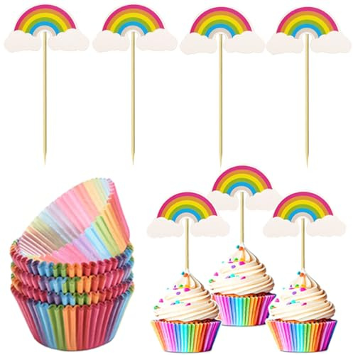Regenbogen Deko Kindergeburtstag, 100 Stück Muffins Papierförmchen, 14 Stück Regenbogen Deko Form Cupcake Topper, Cupcake, Cupcake Förmchen für Dessert Backen Geburtstag Hochzeit Party