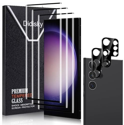 Didisky 3 Pack Screen Protector for Samsung Galaxy S23 Ultra with 2 Pack Lens Protector, 3D Curved Full Coverage,HD Tempered Glass Screen Protector, 9H, Anti-Scratch, Easy to Use