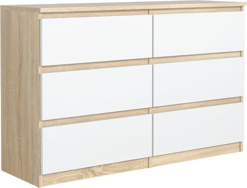 meble masztalerz Commode Chambre avec 6 Tiroirs - Meuble de Rangement pour Salon et Entrée Couloir - Spacieuse et Design - Sonoma & Blanche - 120 x 39 x 78,5cm