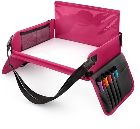 INFIVITA Mesa Coche para Niños,Doble Uso Bandeja Coche para Niños+Organizadores para Coche-6 Plumas Bandejas Coche para Coche, Cochecito de Bebé, Avión-Rosa