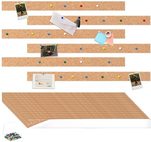 GBACHOOSE 24 Stück Kleine Pinnwand 36 x 2,5 x 1 cm, Selbstklebende Pinnwandstreifen, Korkwand mit Reißzwecke, Korkwand Pinnwand, Korkfliesen für Wanddekoration, Message Board, Fotowand