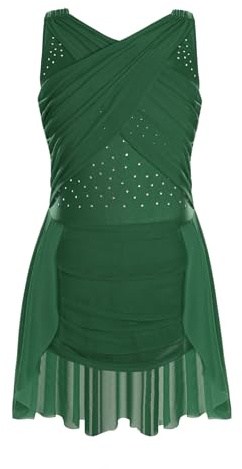 Miaeowve Girls Rhinestones Lyrical Dance Dress Figure Skating Performance Costume Ballet Latin Jazz Dancewear Green 11-12 Years