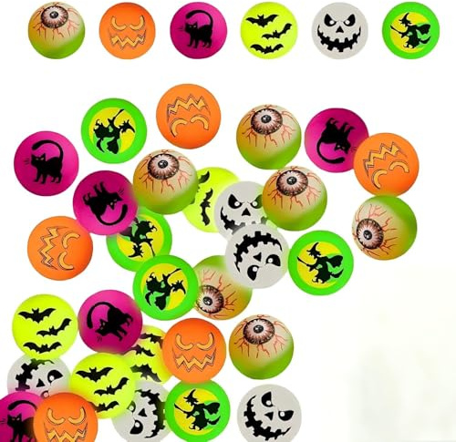 MFCGHXR Halloween Leuchtende Flummis 36 Stück – 30mm Glow in the Dark Springbälle für Erwachsene, Party Deko, Stressabbau Ball Set mit Halloween Motiven