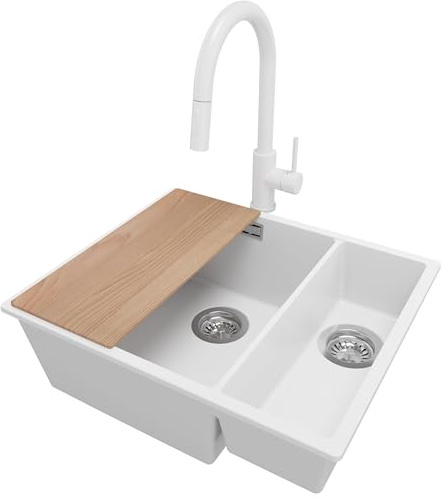 PRIMAGRAN Fregadero Granito Blanco 56x47cm, Cocina 1,5 Senos + Grifo 40x20cm + Sifón + Tabla de Cortar, Sobre Encimera al Mueble 60cm - London Duo Slim S077
