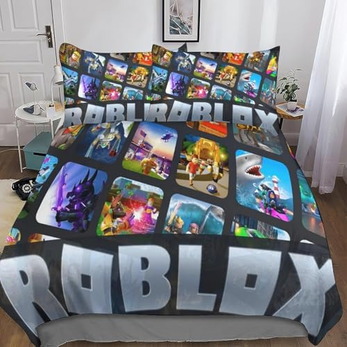 Roblox Duvet Cover Set 3D Game Bedding Set 2 Pieces Ultra Soft Microfiber Polyester Comforter Cover with Zipper Quilt Cover Closure for Kids Teens Adults Double（135x200cm） (Single)
