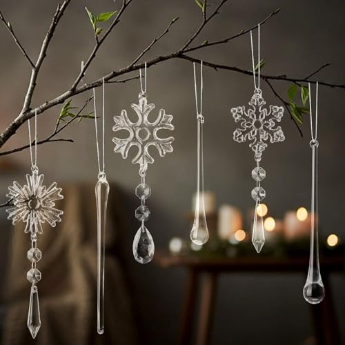 Gemscream 18 Pcs Winter Snowflake Glass Ornaments for Tree Clear Hanging Snowflake Icicles with Drop Pendants Glass Teardrop Decorations Crystals Decor for Holiday Chandelier Party Supplies