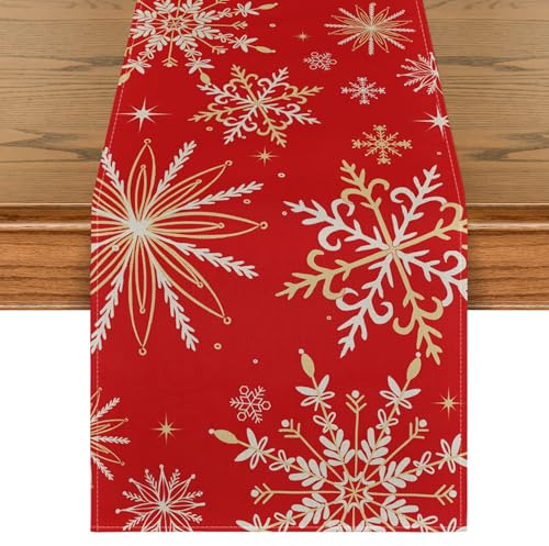 Artoid Mode Rot Gold Schneeflocken Weihnachten Tischläufer, Saisonnal Winter Küche Tisch Dekoration Drinnen Urlaub Party Dekor 40x240 cm