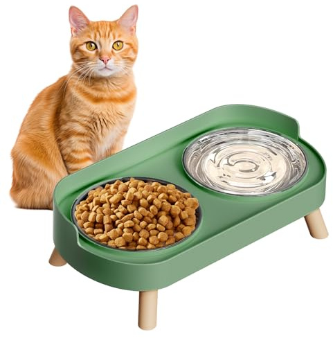 Upphöjd kattskål, upphöjd kattmat och vattenskål set för inomhuskatter, stänksäker med 2 rostfritt stål husdjursmatskålar för katter och valpar, morrhår och diskmaskinssäker - grön