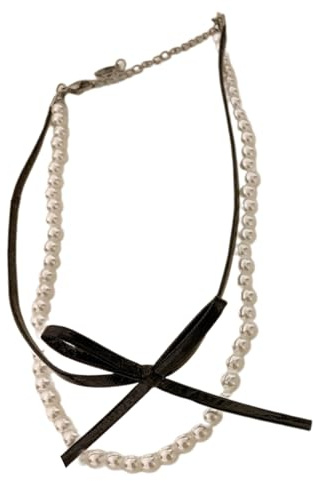Collana con ciondolo a forma di fiocco alla moda con perle fatte a mano, catena per collo a doppio strato, per donne e ragazze, gioielli per il collo per le donne, Misura unica, come descritto, come