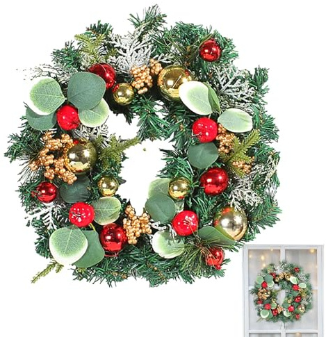 Yaztauho Coronas navideñas para Puerta de Entrada - Decoración de Puerta de Entrada de Corona de Navidad Artificial - Coronas Decorativas de Agujas de Pino de 11,8 Pulgadas con Bolas de Navidad para