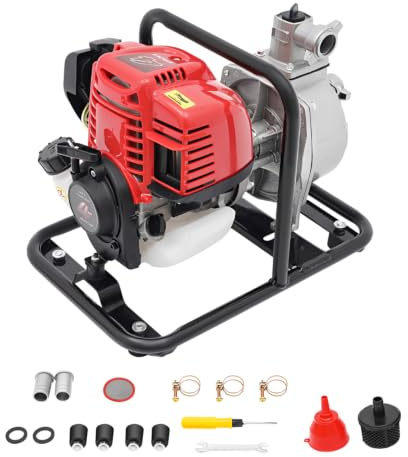 4 Takt Benzin Wasserpumpe, 1,2KW Motorpumpe mit 8100L/h und 30m Förderhöhe, 10500 U/min, Seilzugstart, Öltankinhalt 900 ml, Durchmesser der Ansaugöffnung 25 mm, Gartenpumpe, Teichpumpe