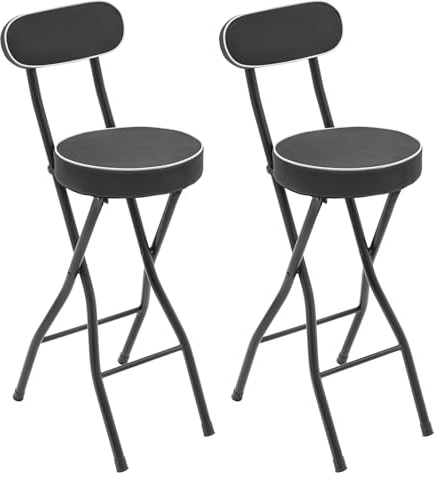 GSHIOIO Folding Bar Stool with Backrest, 25.6 Inch Leather Padded Counter Height Foldable Stool, Round Portable Foldable Chair for Gardening Outdoor Indoor Kitchen Camping Shop Cafe (Black, 2 Pack)