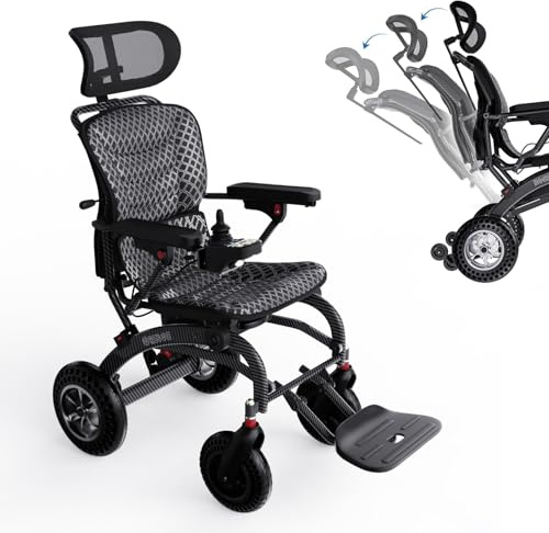 Lightweight Foldable Electric Wheelchair for Adults with Recliner, 15 Mile Range, 400W All Terrain Power, 250Lb Capacity, Airline Approved, Tool Free Folding, Posture Support Cushion