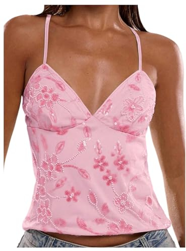 SOLY HUX Women's Y2k Sequin Cami Top V Neck Spaghetti Strap Criss Cross Backless Going Out Tops Party Clubwear Light Pink X-Large