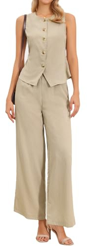 Allegra K Abiti da Due Pezzi per Donna Gilet in Lino Set Eleganti e Casual Pantaloni a Gamba Larga Cachi XL