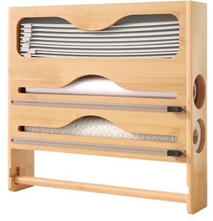 Relaxdays Wandrollenhalter 4 in 1, Küchenrolle, Frischhalte-, Alufolie, Gefrierbeutel, Bambus, HBT: 33x34,5x7 cm, Natur