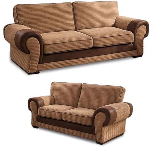 3 Plus 2 Seater Sofa Set - 2 seater Jumbo Cord Sofa - Sectional High Back Cushion Sofa Suite - Dual Arm Corner Sofa for Living Room Lounge Indoors (Brown & Beige, 3+2 Seater Sofa)