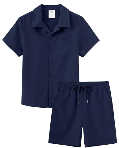 MoFiz Tuta Casual da Ginnastica Bambini e Ragazzi set di Abbigliamento da Spiaggia Completo Estivo Camicie a Maniche Corte con Bottoni e Shorts Blu navy Taglia XL (164-17
