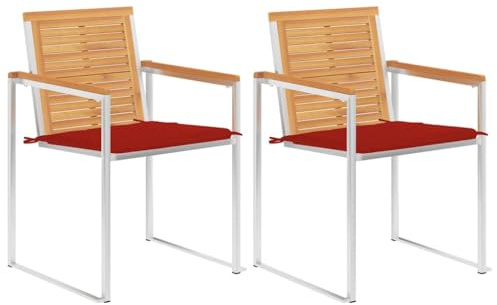 SKTQYQO Set mit 2 Gartenstühlen mit Kissen aus Teakholz und Edelstahl für den Außenbereich, langlebige und bequeme Terrassenmöbel für das Mittagessen im Freien, Farbe des Kissens rot,