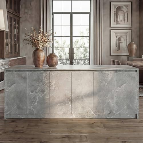 Homsee 94.5-Inch Large Kitchen Island with 6-Door, Home Bar Table Kitchen Station with Seating & Storage, Wood Stationary Island Table Breakfast Counter for Dining Room, Grey with Marble Veneer