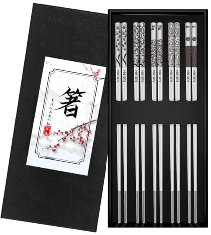 5 Pcs 304 Stainless Steel Chopsticks for Home and Restaurant,Heat-Resistant Reusable Square Chopsticks,Silver Metal Chop Sticks with Pattern