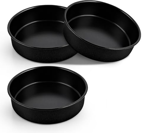 HaWare 7 inch Cake Tin, Stainless Steel Round Baking Pan Set of 3, Non-Stick Birthday Wedding Layer Cake Tin for Baking Roasting Serving, Healthy & Non-Toxic, Rust Resistant (18cm, Black)