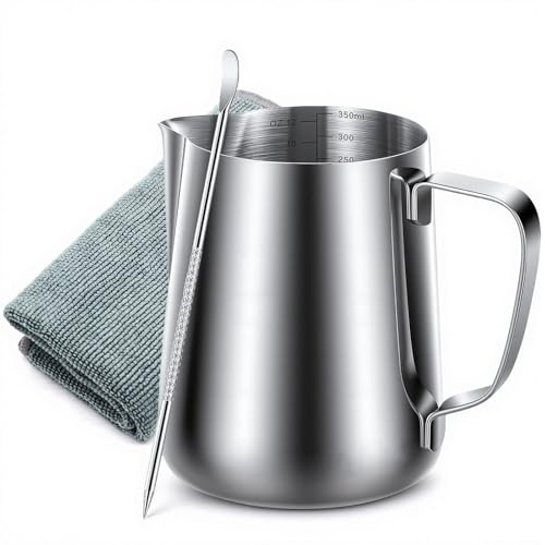 Stainless Steel Milk Jug for Coffee Machine, 350ml - Milk Frothing Pitcher with Scale, Latte Art Pen and Coffee Cloth, Barista Espresso Accessories for Latte Art Cappuccino