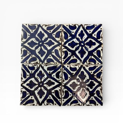 Artigianato Vulcano Lot de 4 carreaux marocains peints à la main, en céramique bleue et blanche, Zellige Fes, 10 x 10 cm